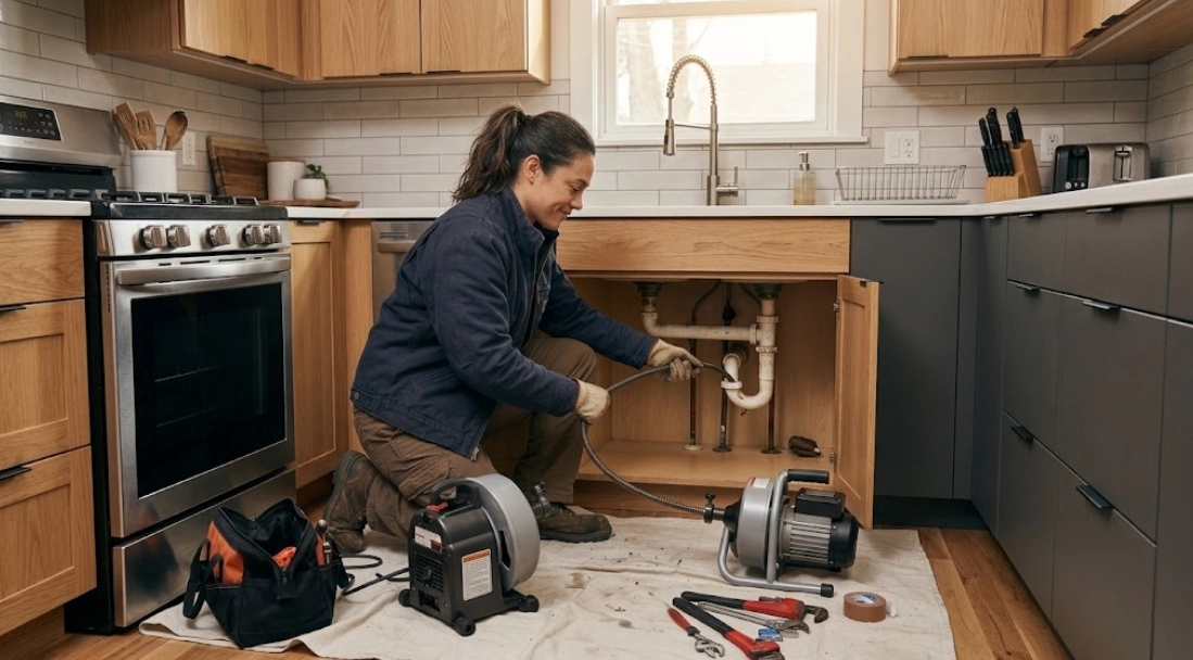Plumbing professional operating heavy cable drain machine for kitchen sink drain cleaning in Baychester Bronx