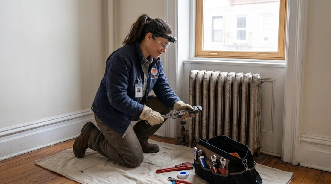 Licensed technician performing steam radiator valve replacement and radiator repair in Baychester Bronx
