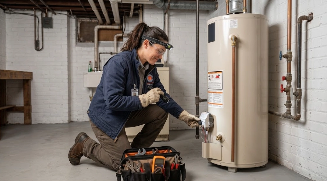 Plumbing specialist conducting diagnostic testing and water heater repair in Baychester Bronx